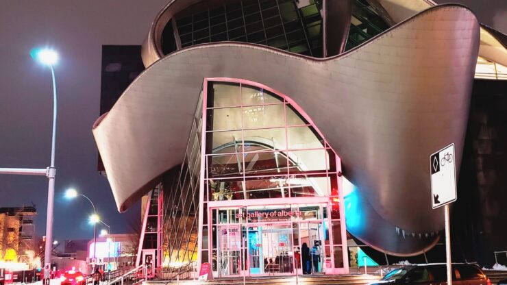 Art Gallery of Alberta lit up at night in downtown Edmonton