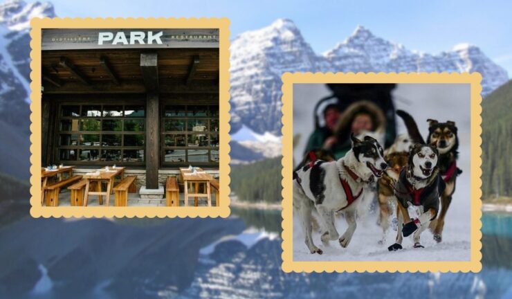 Collage showing PARK Distillery Restaurant and a dog sled team against a scenic Banff mountain backdrop.