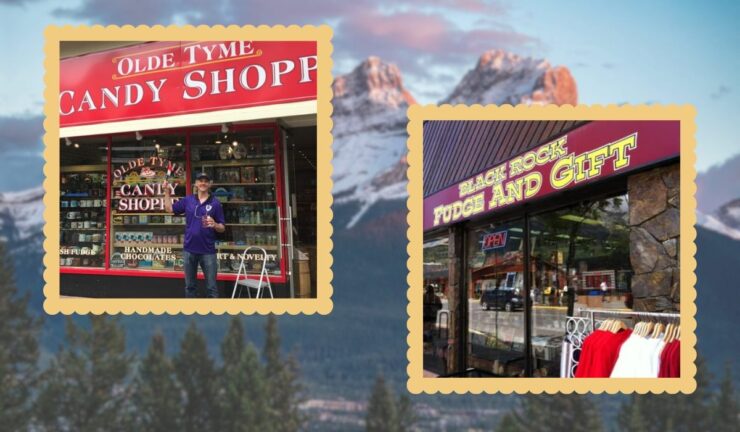 Collage featuring Olde Tyme Candy Shoppe and Black Rock Fudge and Gift storefronts with a scenic Rocky Mountain backdrop