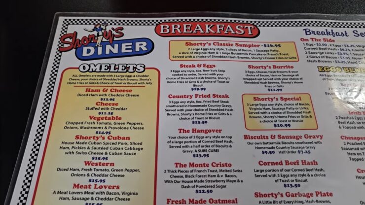 Menu from Diner at Shorty’s showing breakfast and diner favorites